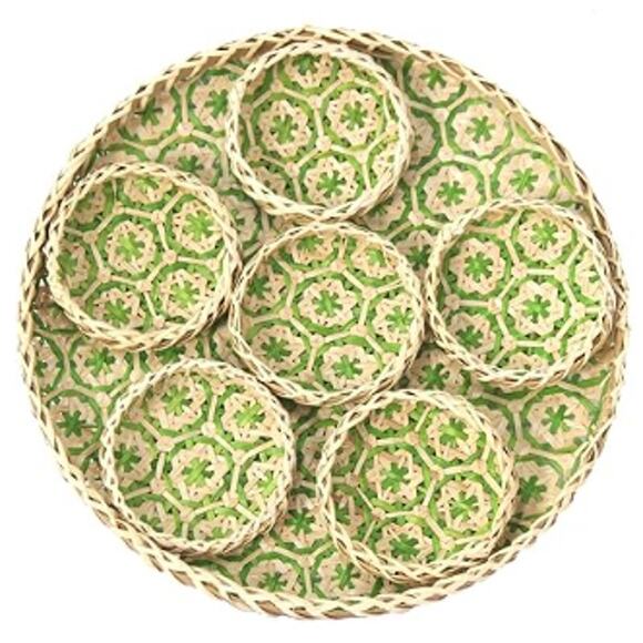 Hanging Woven Boho Bamboo Wicker Serving Tray, Wall Basket- Green - Picture 1 of 5